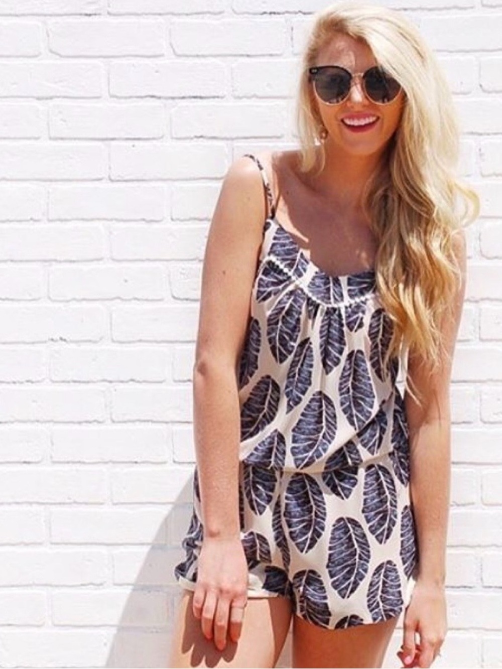 The Impeccable Pig Cream and Navy Leaf-Print Camisole Romper